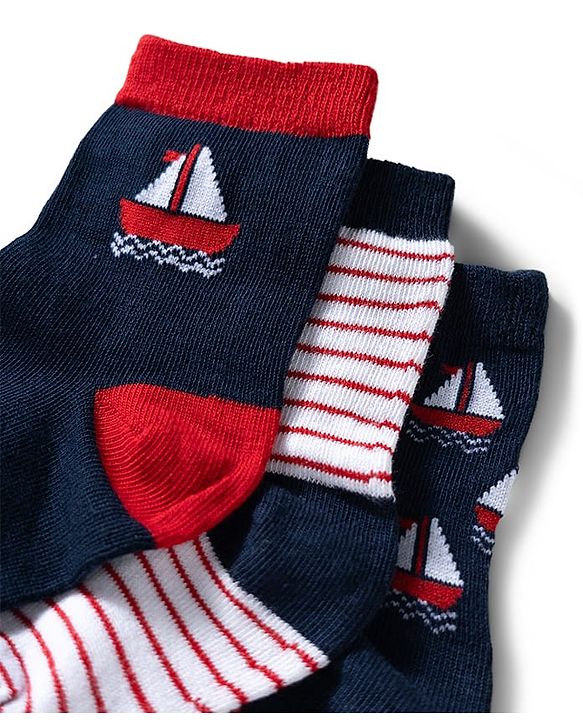 Cute Walk by Babyhug Ankle Length Anti Bacterial Socks with Boat Design Pack of 3 - Navy & White