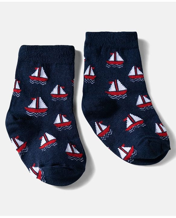 Cute Walk by Babyhug Ankle Length Anti Bacterial Socks with Boat Design Pack of 3 - Navy & White