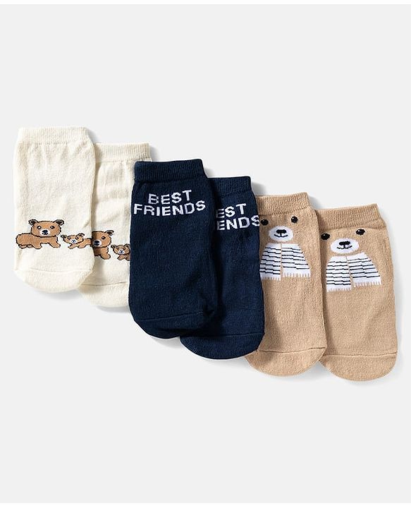 Cute Walk by Babyhug Ankle Length Anti Bacterial Socks with Bear Design Pack of 3 - Multicolour