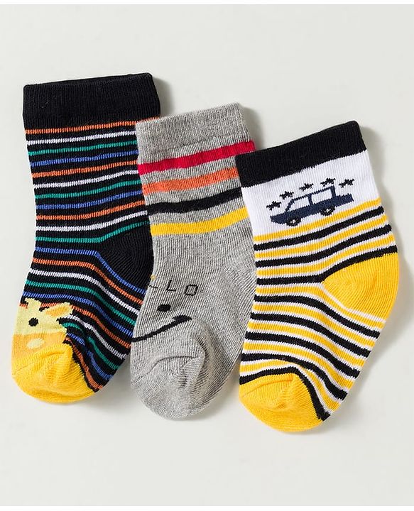 Cute Walk by Babyhug Non Terry Knit Ankle Length Anti Bacterial Striped & Car Designed Socks Pack of 3 - Multicolor