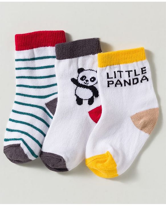 Cute Walk by Babyhug Non Terry Knit Ankle Length Anti Bacterial Striped & Panda Designed Socks Pack of 3 - Multicolor