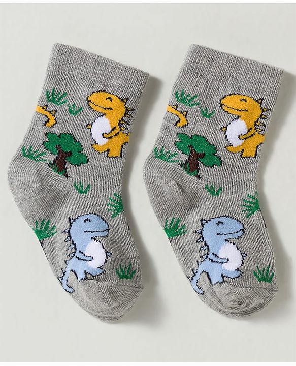 Cute Walk by Babyhug Non Terry Knit Ankle Length Anti Bacterial Striped & Dino Designed Socks Pack of 3 - Multicolor