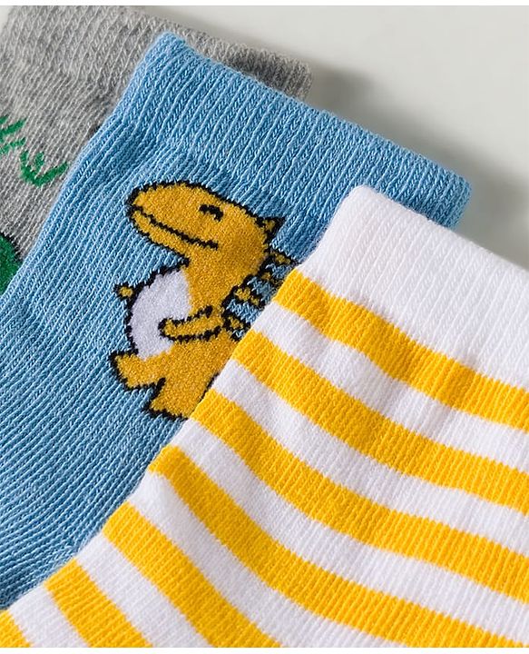 Cute Walk by Babyhug Non Terry Knit Ankle Length Anti Bacterial Striped & Dino Designed Socks Pack of 3 - Multicolor