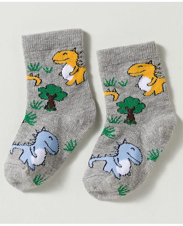 Cute Walk by Babyhug Non Terry Knit Ankle Length Anti Bacterial Striped & Dino Designed Socks Pack of 3 - Multicolor
