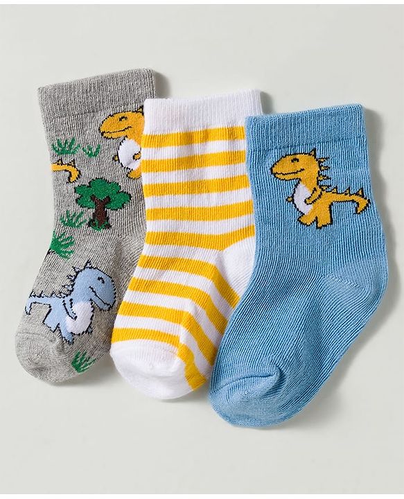 Cute Walk by Babyhug Non Terry Knit Ankle Length Anti Bacterial Striped & Dino Designed Socks Pack of 3 - Multicolor