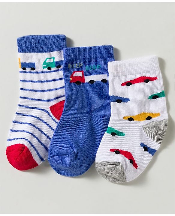 Cute Walk by Babyhug Non Terry Knit Ankle Length Anti Bacterial Striped & Car Designed Socks Pack of 3 - Multicolor
