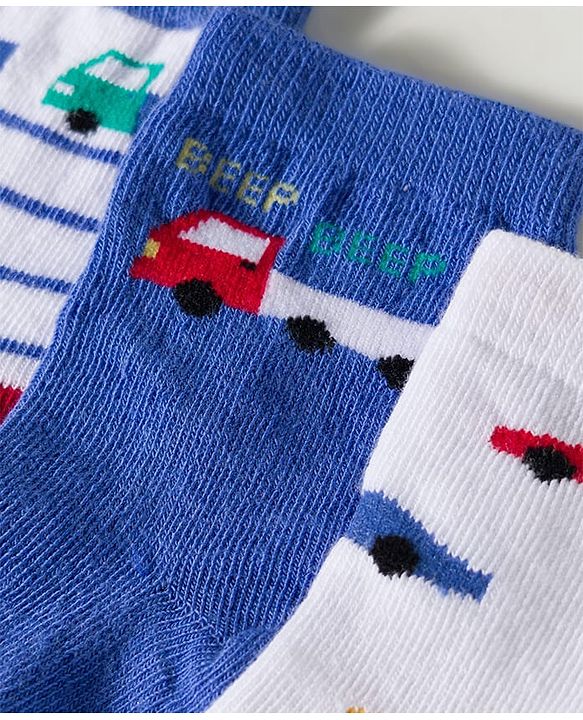 Cute Walk by Babyhug Non Terry Knit Ankle Length Anti Bacterial Striped & Car Designed Socks Pack of 3 - Multicolor