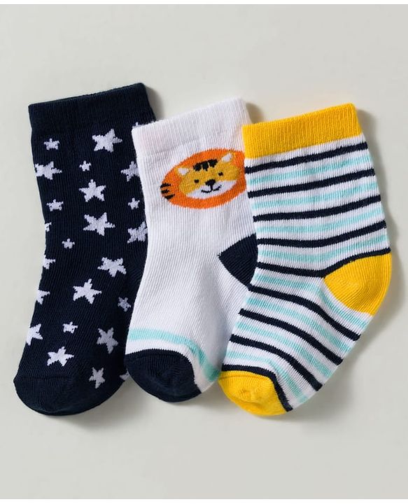 Cute Walk by Babyhug Non Terry Knit Ankle Length Anti Bacterial Striped & Lion Designed Socks Pack of 3 - Multicolor