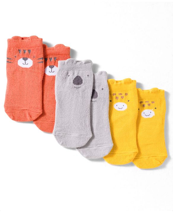 Cute Walk by Babyhug Non Terry Cotton Knit Ankle Length Anti Bacterial Socks With Animal Design Pack Of 3 - Multicolour