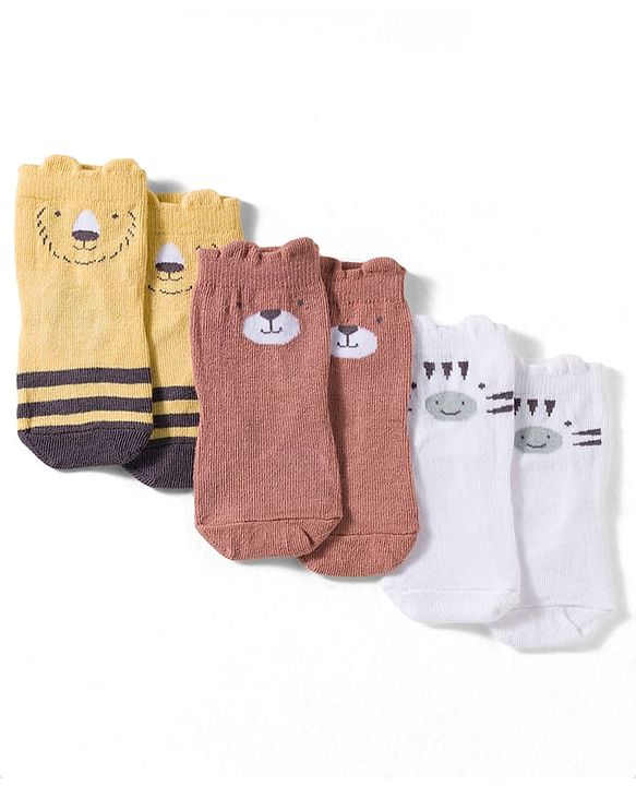 Cute Walk by Babyhug Non Terry Cotton Knit Ankle Length Anti Bacterial Socks With Animal Design Pack Of 3 - Multicolour