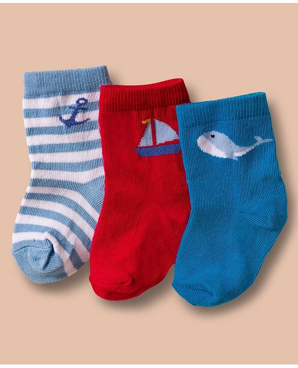 Cute Walk by Babyhug Non Terry Cotton Knit Ankle Length Anti Bacterial Socks With Nautical Theme & Sea Life Design Pack of 3 - Multicolour