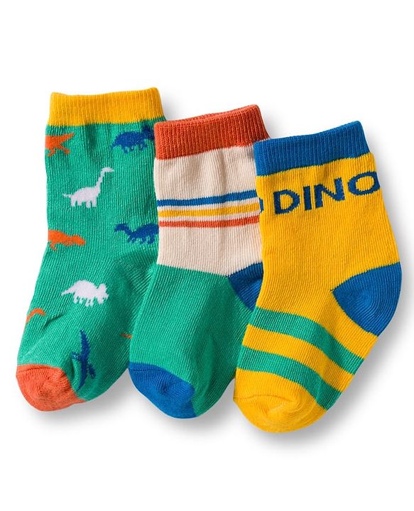 Cute Walk by Babyhug Non Terry Cotton Knit Ankle Length Anti Bacterial Socks With Dino Design Pack Of 3 - Multicolour