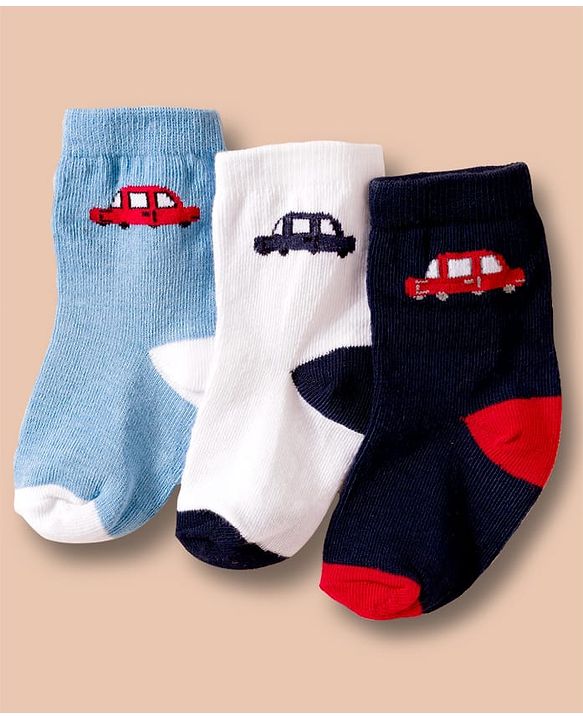 Cute Walk by Babyhug Non Terry Cotton Knit Ankle Length Anti Bacterial Socks With Vehicles Design Pack Of 3 - Multicolour