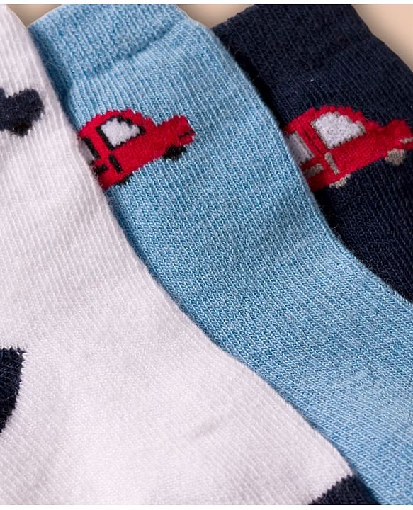 Cute Walk by Babyhug Non Terry Cotton Knit Ankle Length Anti Bacterial Socks With Vehicles Design Pack Of 3 - Multicolour
