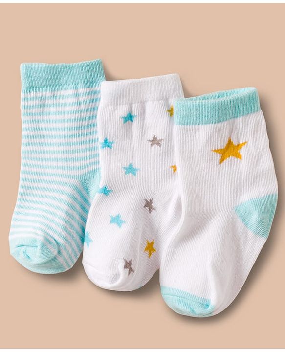 Cute Walk by Babyhug Non Terry Cotton Knit Ankle Length Anti Bacterial Socks With Stripes & Stars Design Pack Of 3 - Multicolour