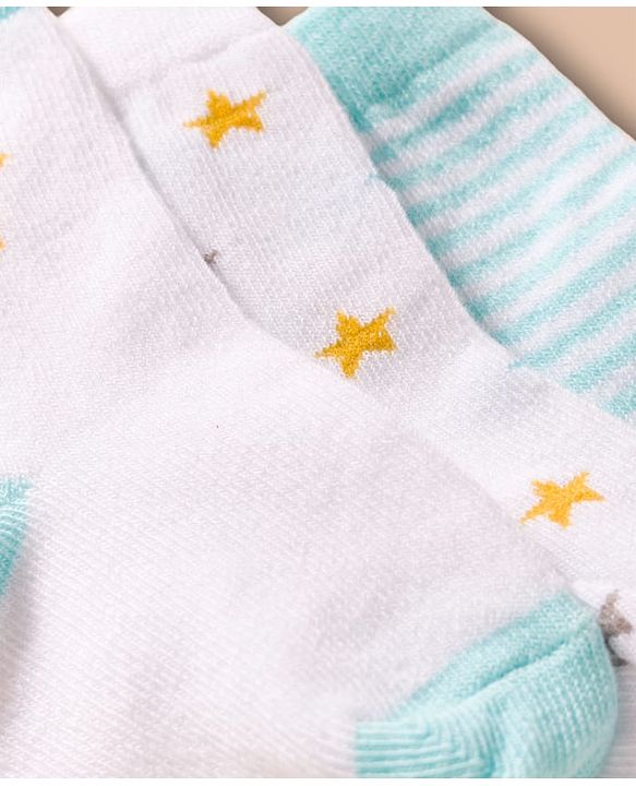 Cute Walk by Babyhug Non Terry Cotton Knit Ankle Length Anti Bacterial Socks With Stripes & Stars Design Pack Of 3 - Multicolour