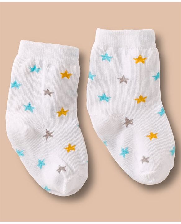 Cute Walk by Babyhug Non Terry Cotton Knit Ankle Length Anti Bacterial Socks With Stripes & Stars Design Pack Of 3 - Multicolour