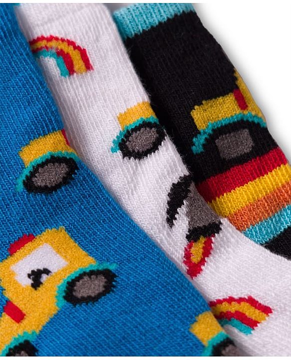 Cute Walk by Babyhug Non Terry Cotton Knit Ankle Length Anti Bacterial Socks With Vehicles Design Pack Of 3 - Multicolour