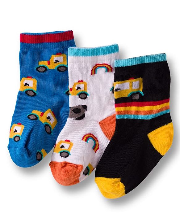 Cute Walk by Babyhug Non Terry Cotton Knit Ankle Length Anti Bacterial Socks With Vehicles Design Pack Of 3 - Multicolour