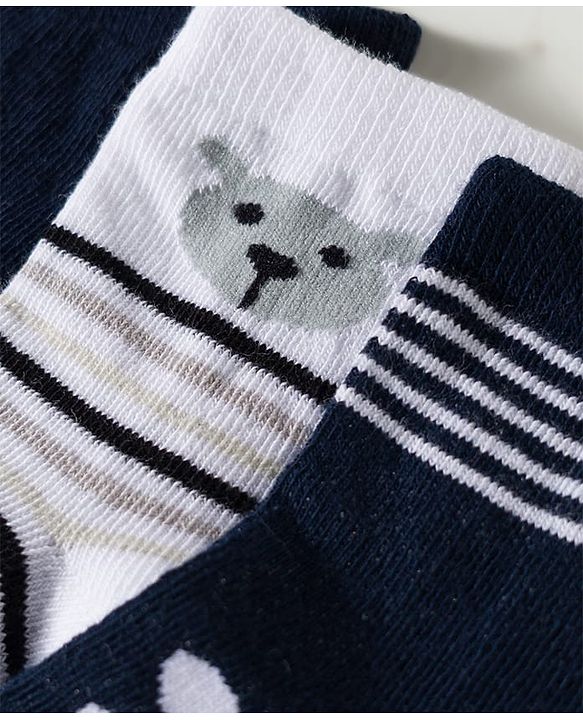 Cute Walk by Babyhug Non Terry Knit Ankle Length Anti Bacterial Striped & Bear Designed Socks Pack of 3 - Multicolor