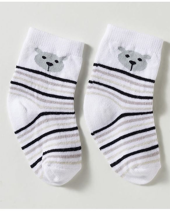 Cute Walk by Babyhug Non Terry Knit Ankle Length Anti Bacterial Striped & Bear Designed Socks Pack of 3 - Multicolor