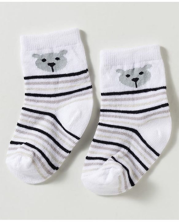 Cute Walk by Babyhug Non Terry Knit Ankle Length Anti Bacterial Striped & Bear Designed Socks Pack of 3 - Multicolor