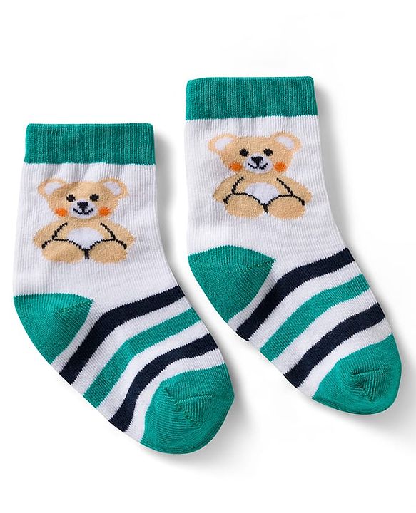 Cute Walk by Babyhug Non Terry Knit Ankle Length Anti Bacterial Socks With Stripes & Animal Design Pack of 3 - Green Navy Blue & White
