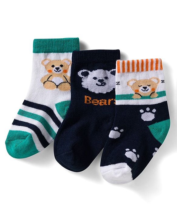 Cute Walk by Babyhug Non Terry Knit Ankle Length Anti Bacterial Socks With Stripes & Animal Design Pack of 3 - Green Navy Blue & White