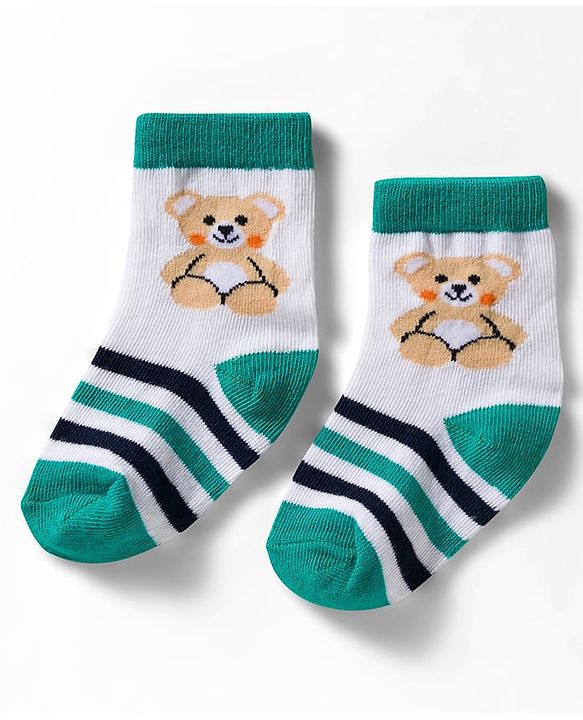 Cute Walk by Babyhug Non Terry Knit Ankle Length Anti Bacterial Socks With Stripes & Animal Design Pack of 3 - Green Navy Blue & White