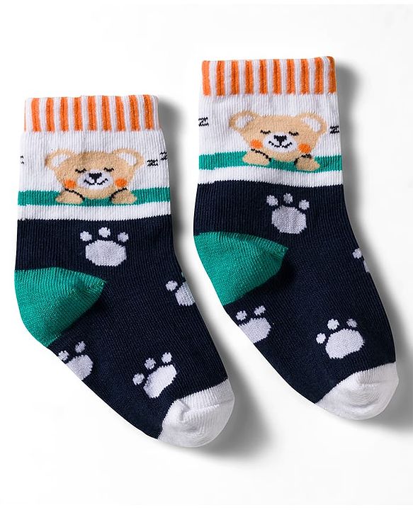 Cute Walk by Babyhug Non Terry Knit Ankle Length Anti Bacterial Socks With Stripes & Animal Design Pack of 3 - Green Navy Blue & White
