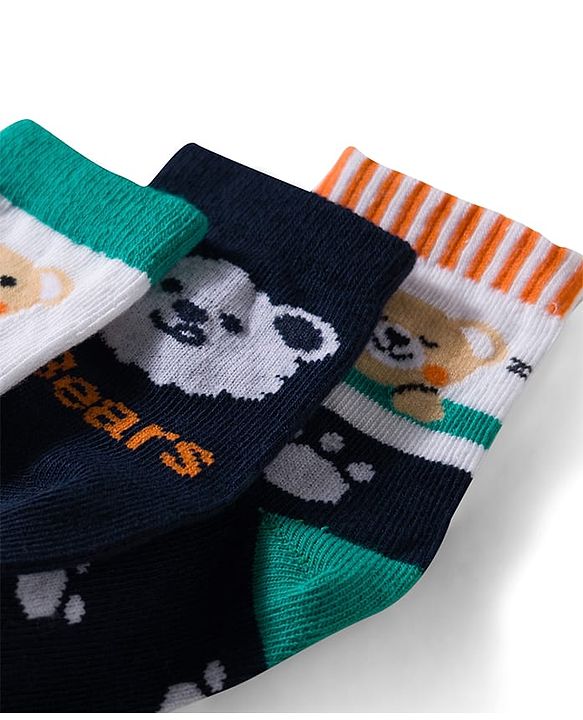 Cute Walk by Babyhug Non Terry Knit Ankle Length Anti Bacterial Socks With Stripes & Animal Design Pack of 3 - Green Navy Blue & White