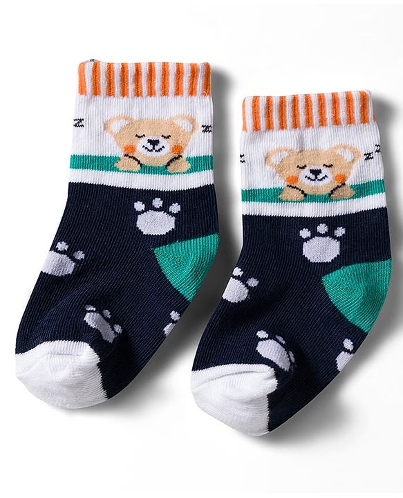 Cute Walk by Babyhug Non Terry Knit Ankle Length Anti Bacterial Socks With Stripes & Animal Design Pack of 3 - Green Navy Blue & White