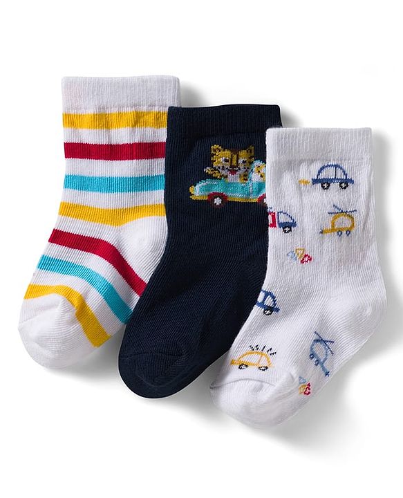 Cute Walk by Babyhug Non Terry Knit Ankle Length Anti Bacterial Socks With Stripes & Car Design Pack of 3 - Multicolor