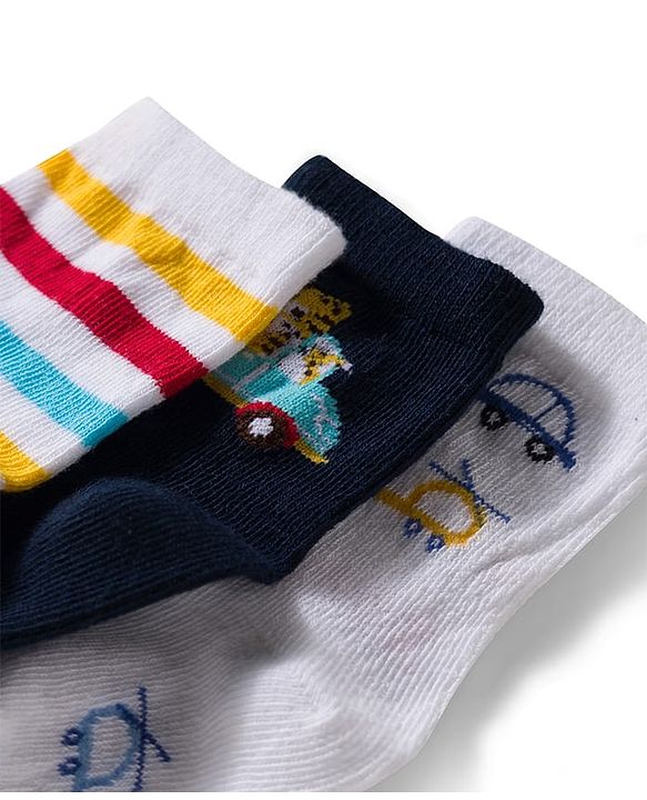 Cute Walk by Babyhug Non Terry Knit Ankle Length Anti Bacterial Socks With Stripes & Car Design Pack of 3 - Multicolor
