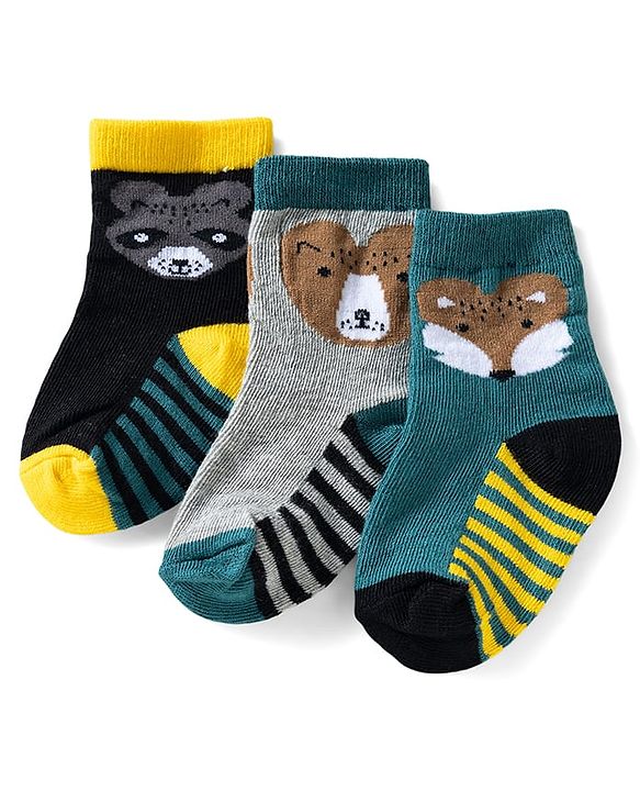 Cute Walk by Babyhug Ankle Length Anti Bacterial Socks with Fox Design Pack of 3 - Multicolour
