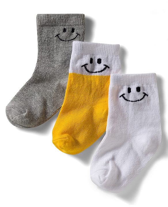 Cute Walk by Babyhug Non Terry Knit Ankle Length Anti Bacterial Socks With Smiley Design Pack of 3 - Yellow Grey & White