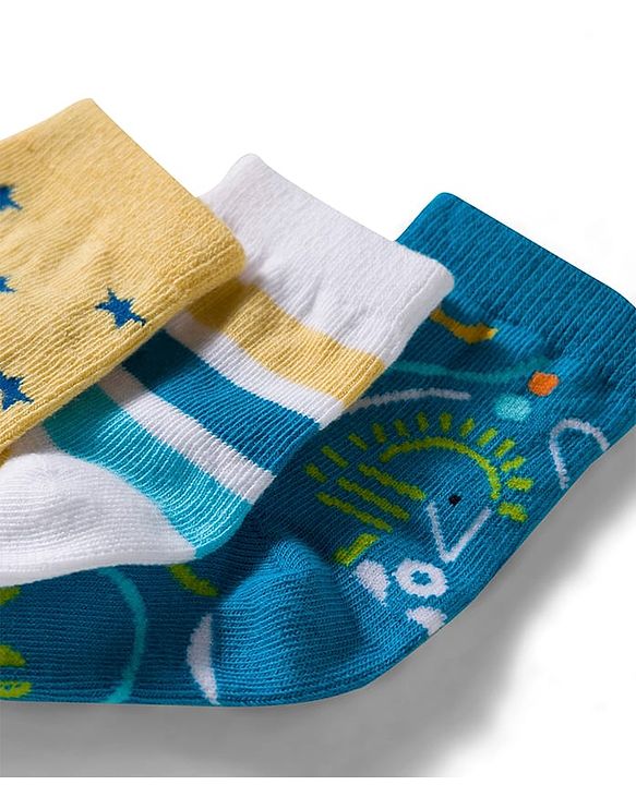Cute Walk by Babyhug Non Terry Knit Ankle Length Anti Bacterial Socks With Stripes & Star Design Pack of 3 - Yellow Blue & White