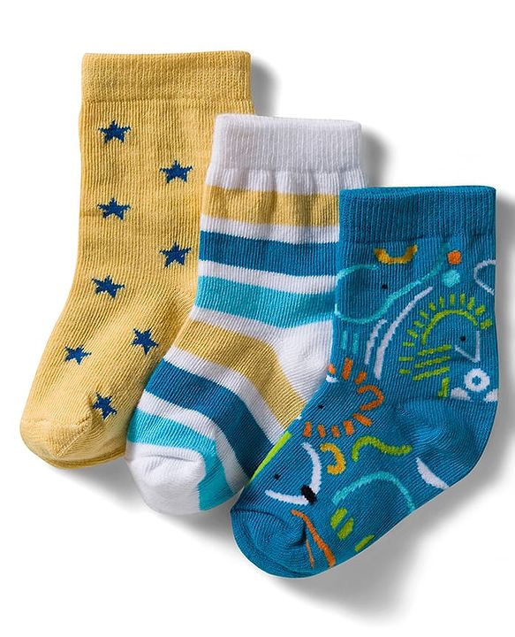 Cute Walk by Babyhug Non Terry Knit Ankle Length Anti Bacterial Socks With Stripes & Star Design Pack of 3 - Yellow Blue & White