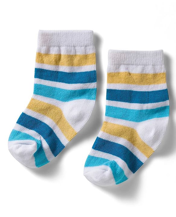 Cute Walk by Babyhug Non Terry Knit Ankle Length Anti Bacterial Socks With Stripes & Star Design Pack of 3 - Yellow Blue & White