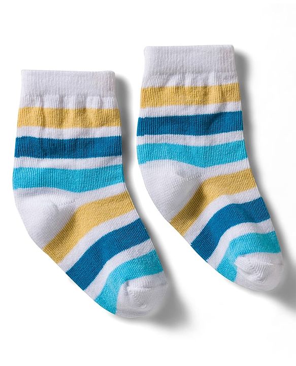 Cute Walk by Babyhug Non Terry Knit Ankle Length Anti Bacterial Socks With Stripes & Star Design Pack of 3 - Yellow Blue & White
