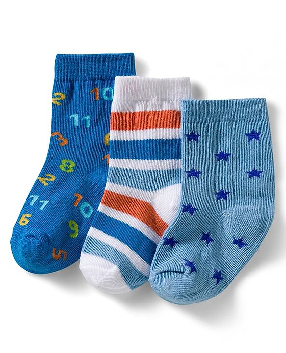 Cute Walk by Babyhug Non Terry Knit Ankle Length Anti Bacterial Socks With Stripes & Star Design Pack of 3 - Blue & White