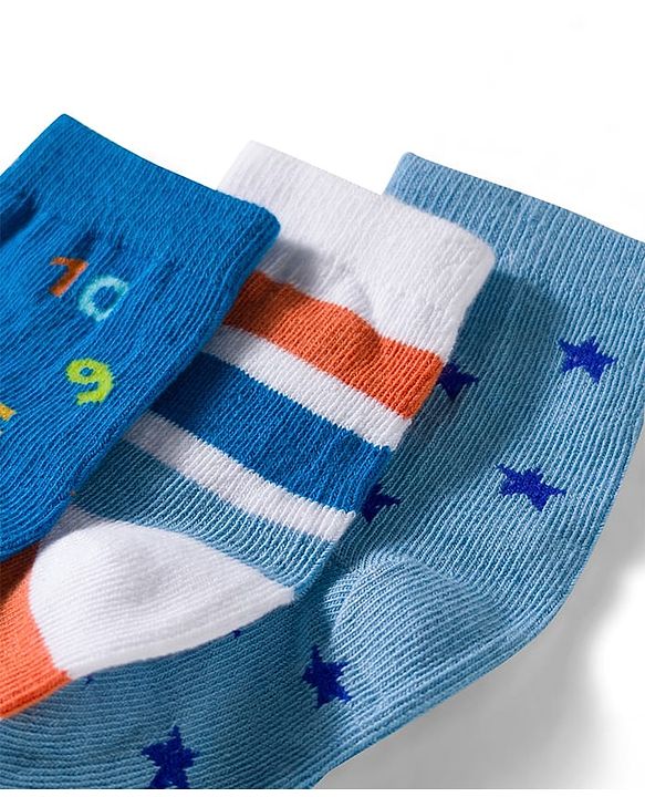 Cute Walk by Babyhug Non Terry Knit Ankle Length Anti Bacterial Socks With Stripes & Star Design Pack of 3 - Blue & White