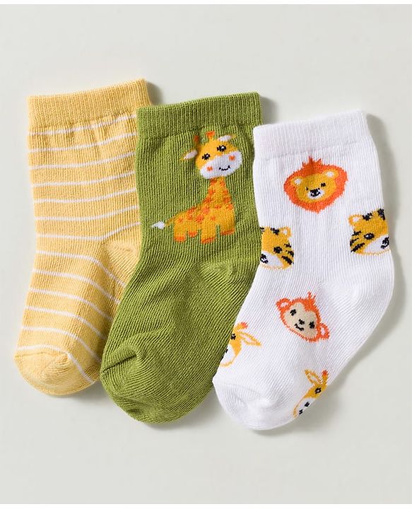 Cute Walk by Babyhug Non Terry Knit Ankle Length Anti Bacterial Striped & Animal Designed Socks Pack of 3 - Multicolor