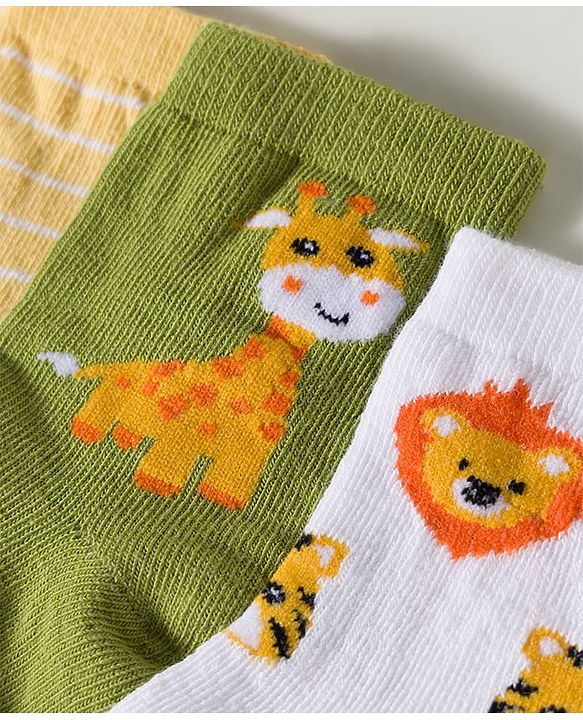 Cute Walk by Babyhug Non Terry Knit Ankle Length Anti Bacterial Striped & Animal Designed Socks Pack of 3 - Multicolor
