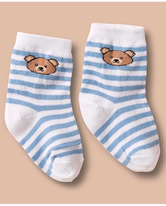 Cute Walk by Babyhug Non Terry Cotton Knit Ankle Length Anti Bacterial Socks With Stripes  & Teddy Bear Design Pack Of 3 - Multicolour