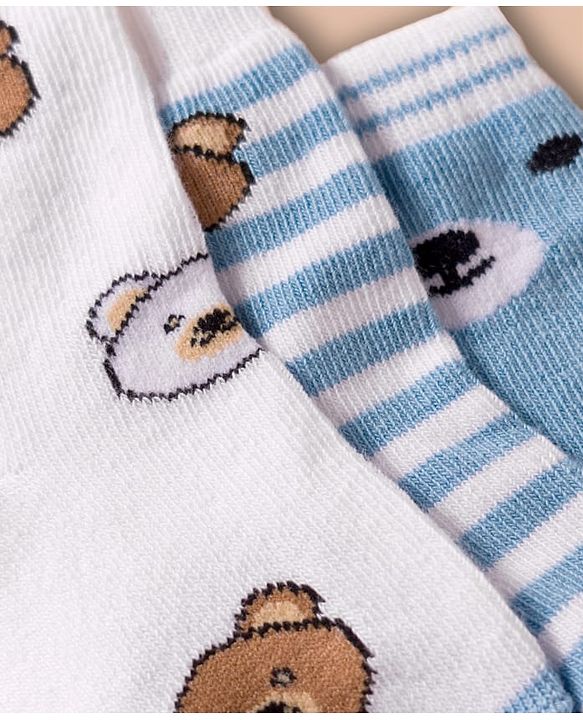 Cute Walk by Babyhug Non Terry Cotton Knit Ankle Length Anti Bacterial Socks With Stripes  & Teddy Bear Design Pack Of 3 - Multicolour