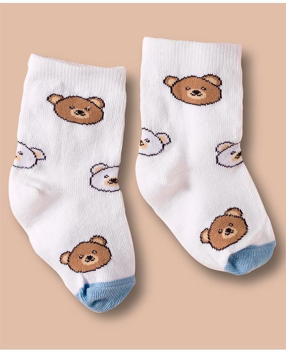 Cute Walk by Babyhug Non Terry Cotton Knit Ankle Length Anti Bacterial Socks With Stripes  & Teddy Bear Design Pack Of 3 - Multicolour