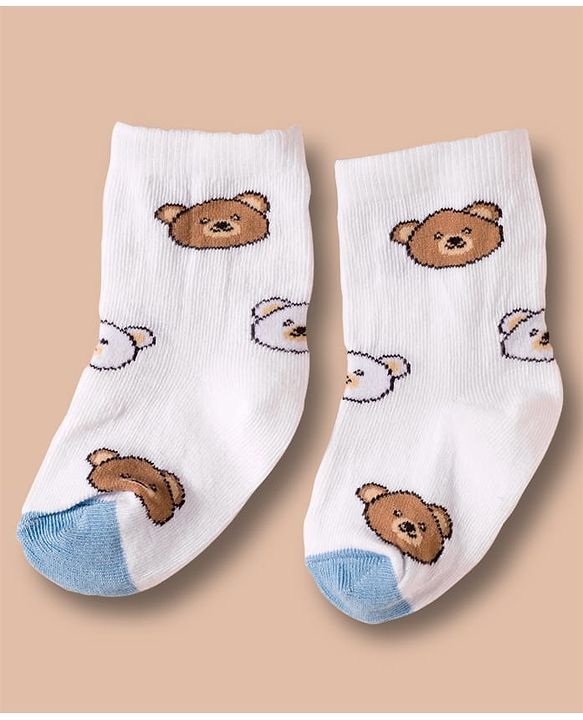 Cute Walk by Babyhug Non Terry Cotton Knit Ankle Length Anti Bacterial Socks With Stripes  & Teddy Bear Design Pack Of 3 - Multicolour