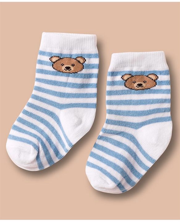 Cute Walk by Babyhug Non Terry Cotton Knit Ankle Length Anti Bacterial Socks With Stripes  & Teddy Bear Design Pack Of 3 - Multicolour