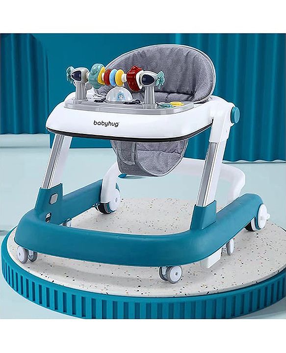 Babyhug 2 in 1 Baby Walker with Anti Fall Protection & Adjustable Height-Blue| Push Walker| Rear Wheels with Speed Control| Soft Padded Seat| Smooth Swivel Wheels| Musical Toy Tray with Engaging Toys